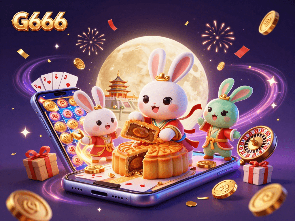 G666 offers a thrilling gaming experience with poker chips and vibrant slot visuals in a whimsical scene.