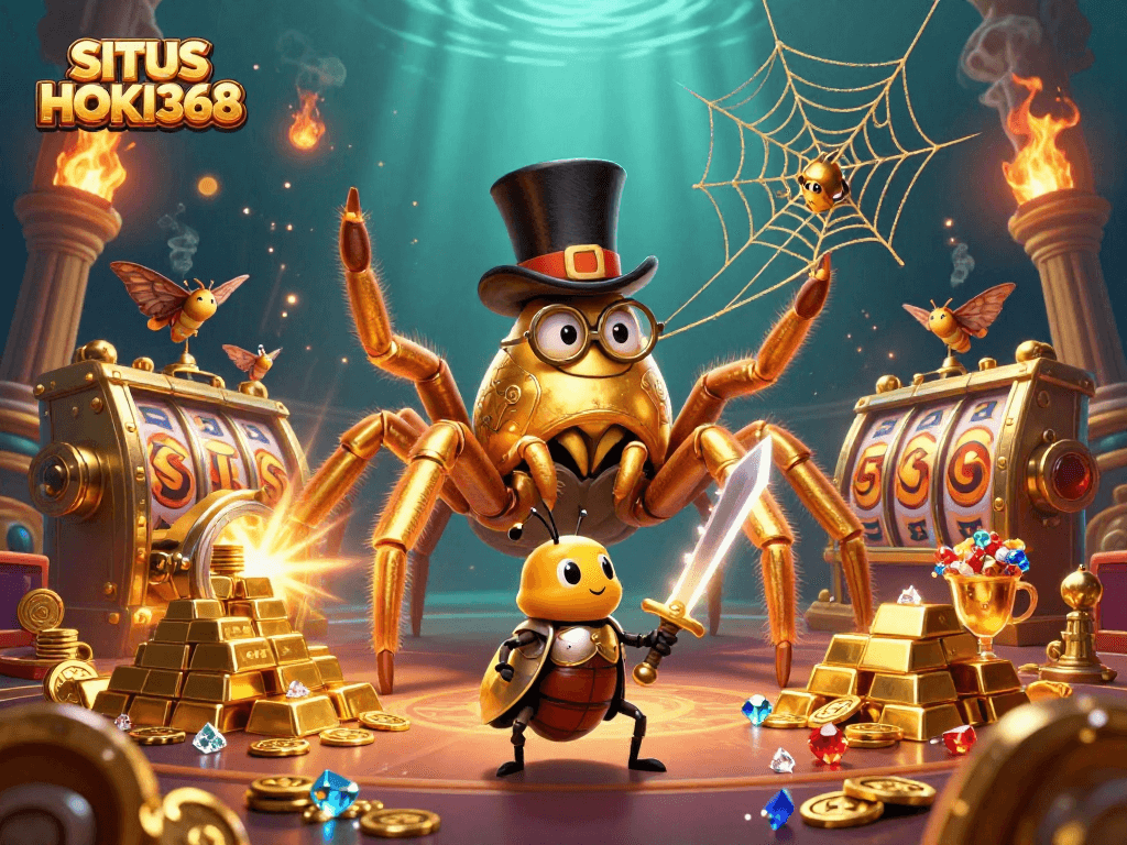 SITUS HOKI368 brings a colorful gaming experience with golden elements and interactive characters.