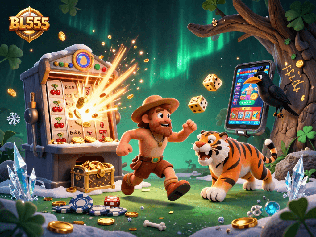 Experience the thrilling atmosphere of BL555 with cavemen, tigers, and vibrant casino themes.