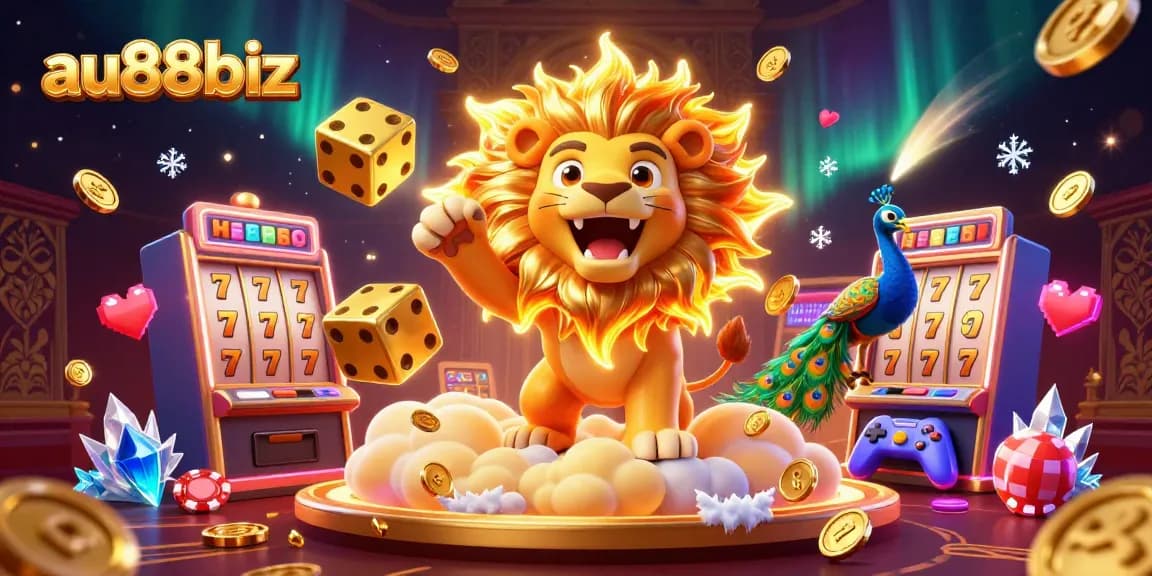 Experience the excitement of gambling with au88biz as vibrant slot machines and golden dice create a thrilling casino atmosphere.