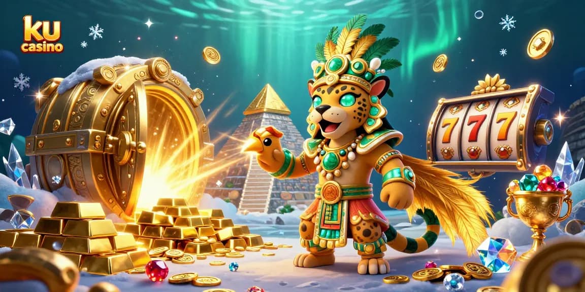 Experience the excitement of ku casino with colorful slot reels alongside Mayan characters and treasures.