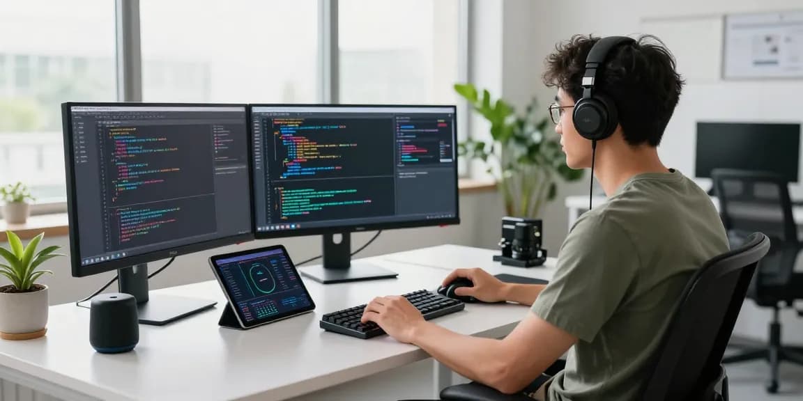 Developer utilizing crush ai technology at a modern workspace, showcasing AI algorithms and coding.