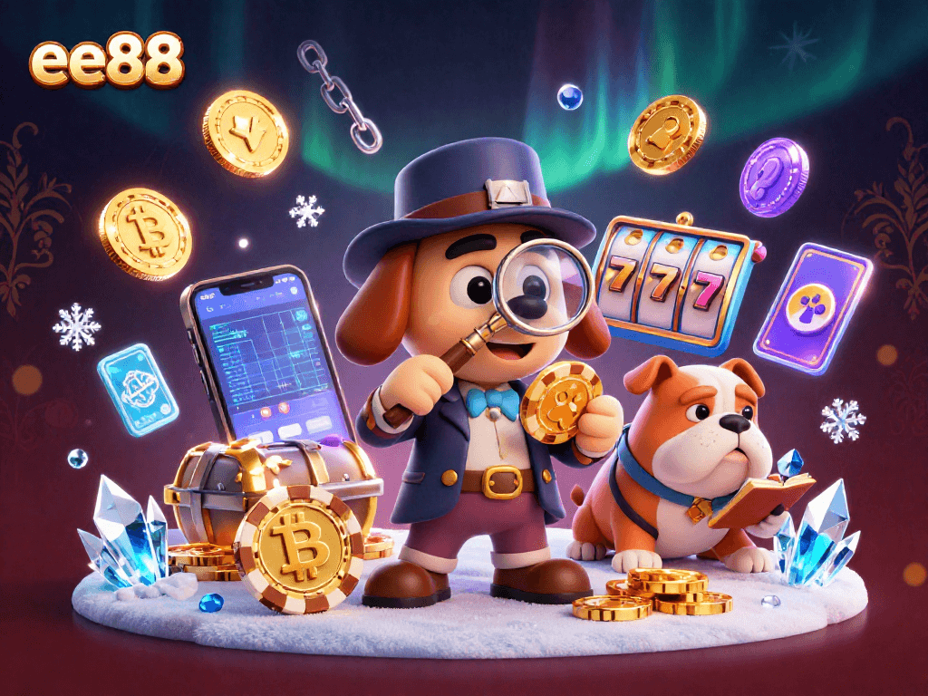 ee88 detective investigates golden poker chip while bulldog notes crypto clues in a vibrant casino scene