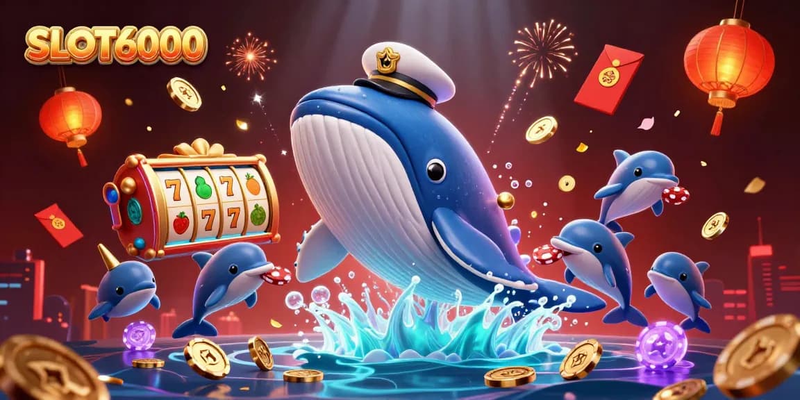 SLOT6000 engages players in a vibrant underwater scene with a 3D whale, poker chips, and dynamic game elements.