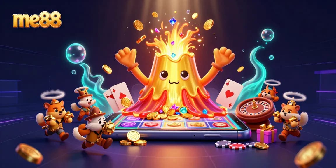 Experience thrilling action at me88 as colorful slot games and treasures erupt from a golden volcano!