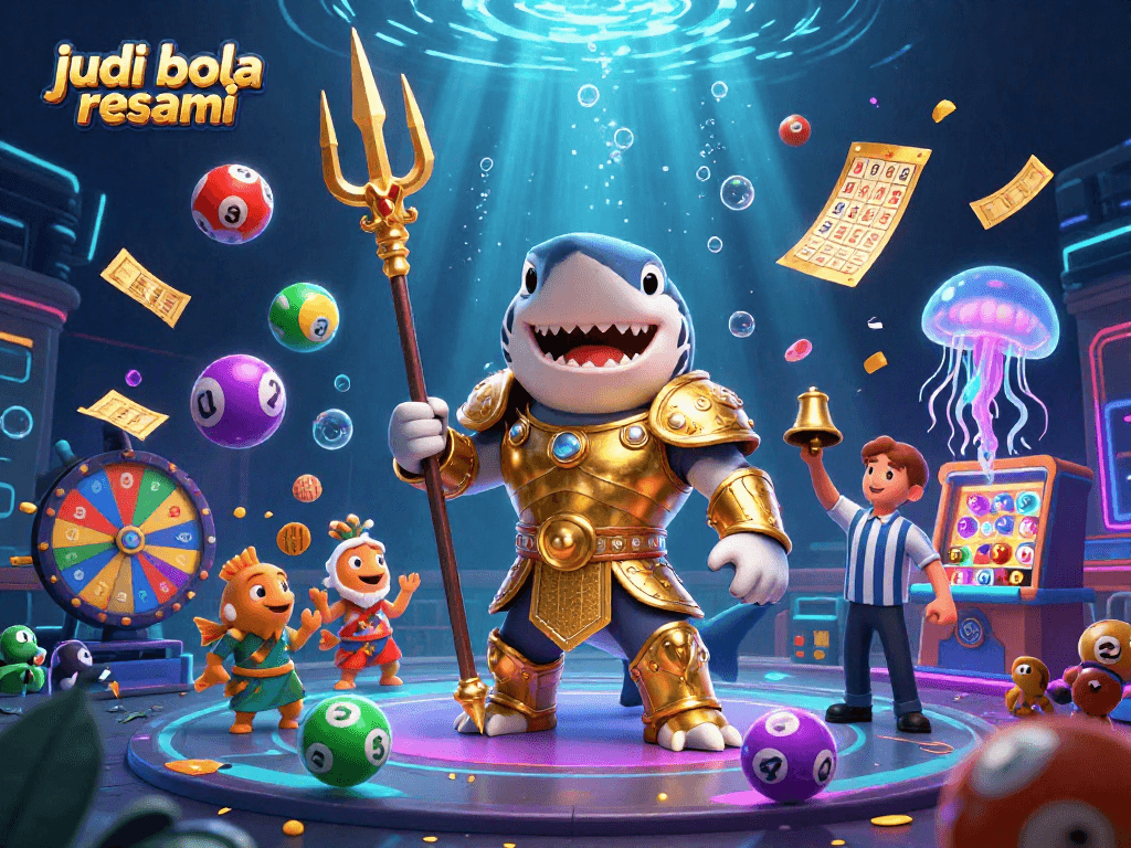 Engage with judi bola resmi in this vibrant scene showcasing a shark gladiator in an online betting arena.