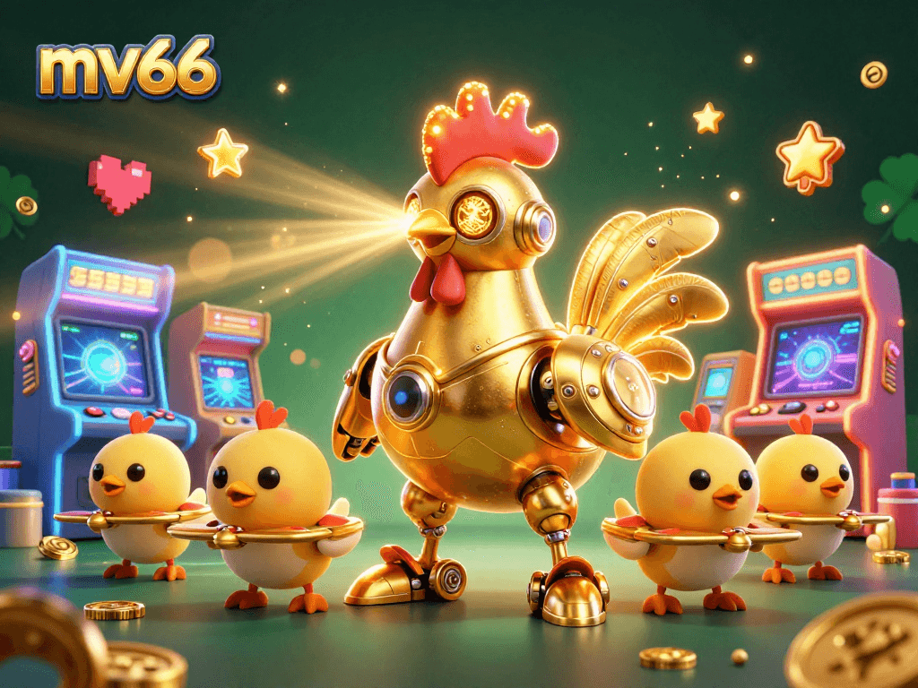 Join the action at mv66 with a golden rooster robot, baby chick drones, and vibrant gaming elements.