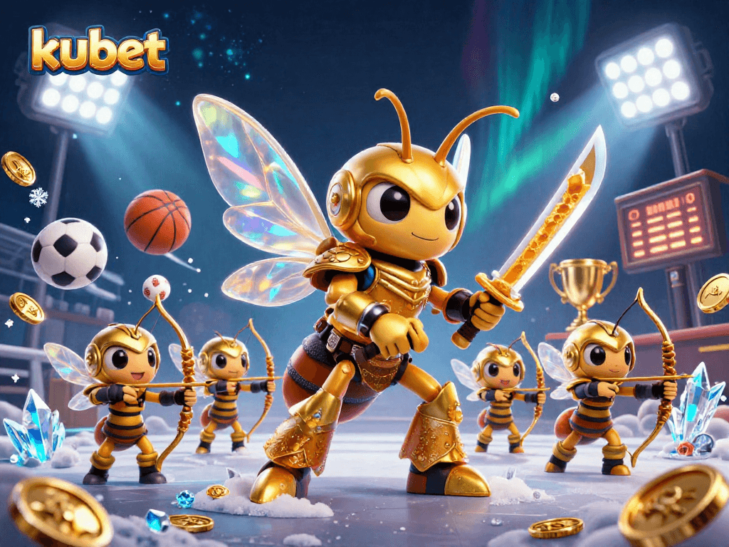 Kubet showcases stunning 3D illustration of a giant hornet in samurai armor leading bee archers amid dynamic sports betting elements.
