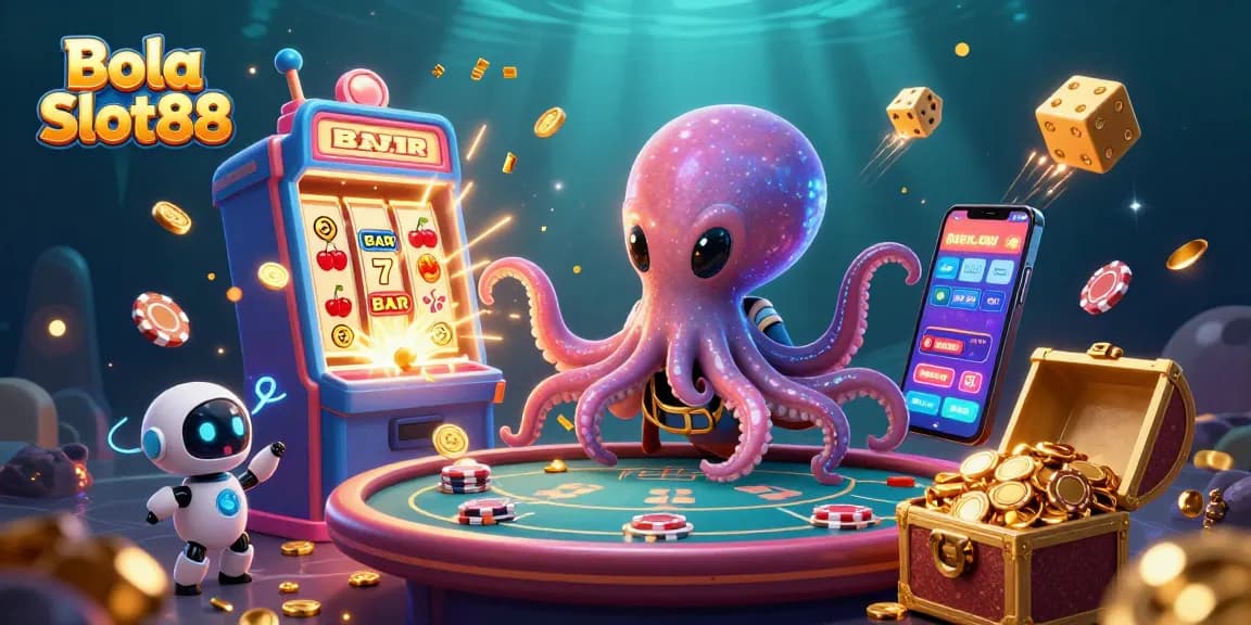 Bola Slot88 offers thrilling casino adventures with a cartoon alien octopus playing holographic poker.