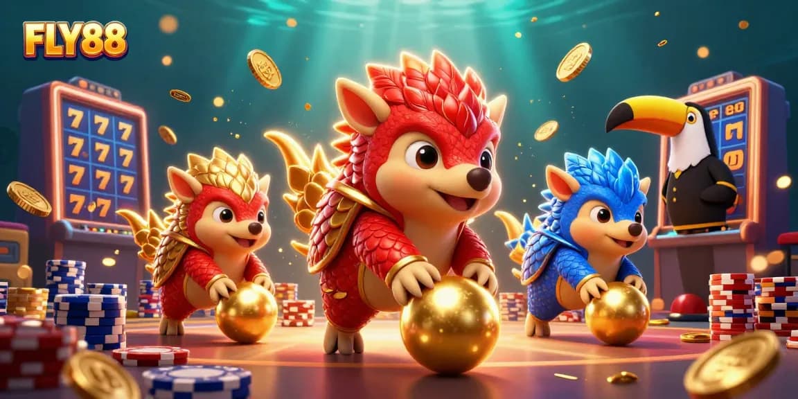 Experience thrilling gameplay at FLY88 with dynamic pangolin characters amid a rich casino scene.