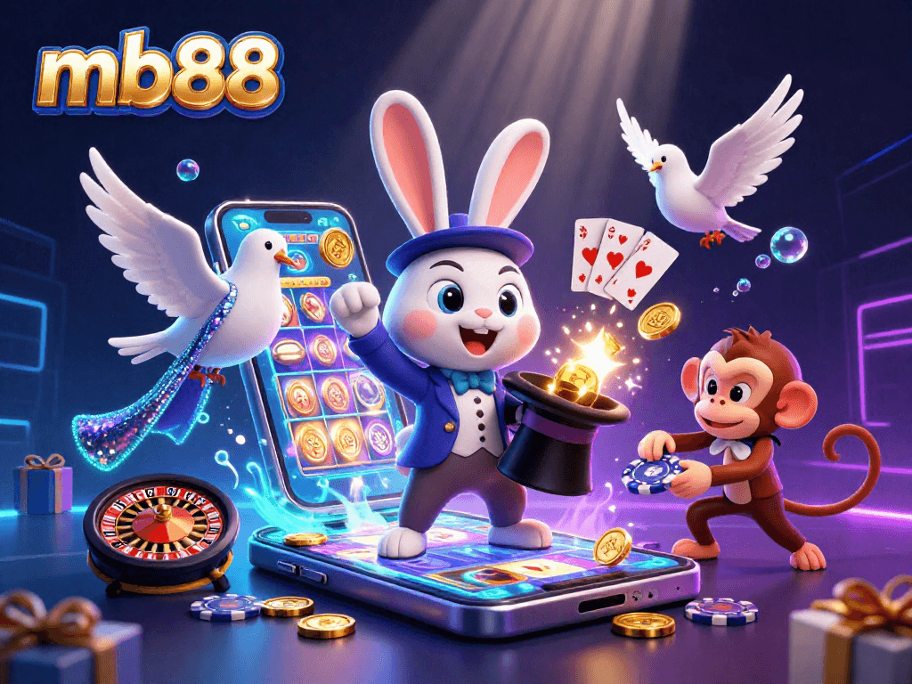 Spin the reels and win big with mb88's vibrant 3D casino illustration featuring magical elements.