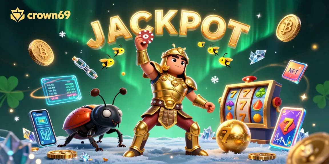 Experience crown69 with a victorious hercules beetle, showcasing dazzling slot elements in a vibrant casino scene.