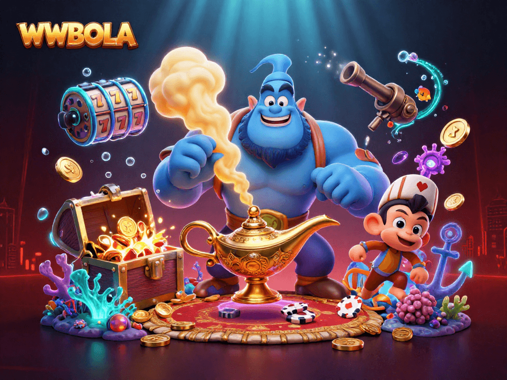 WWBOLA menyediakan ilustrasi kasino yang penuh warna dengan simbol slot dan genie ajaib.