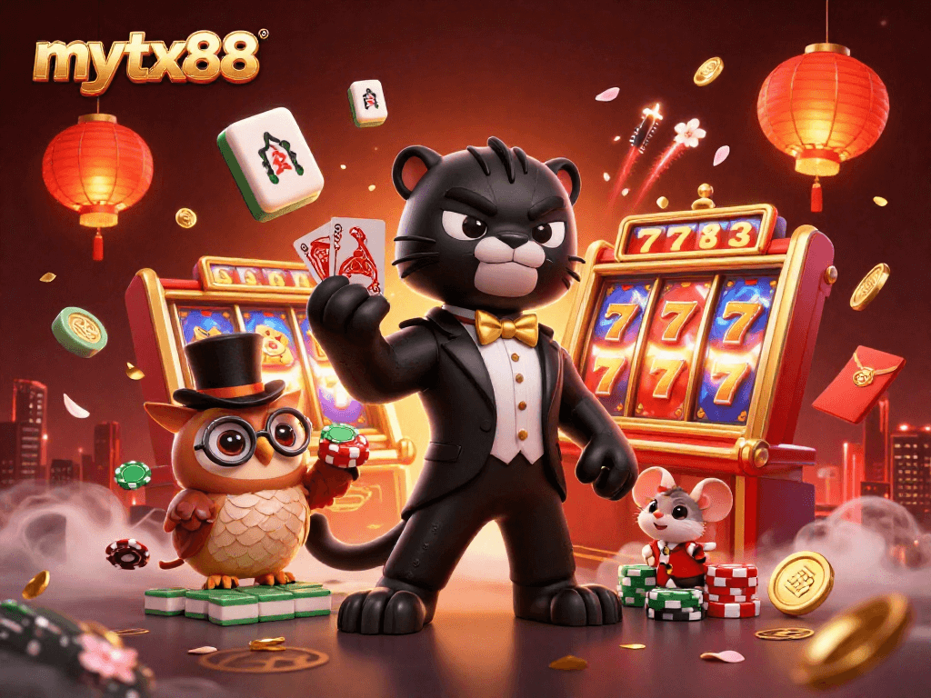 Engaging mytx88 gaming scene with a stylish panther dealer, soaring slot reels, and charming characters.