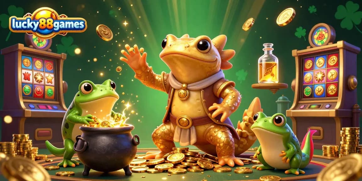 Lucky88games players engage in an animated scene, featuring a golden salamander alchemist crafting wealth amid gold and slot machine reels.