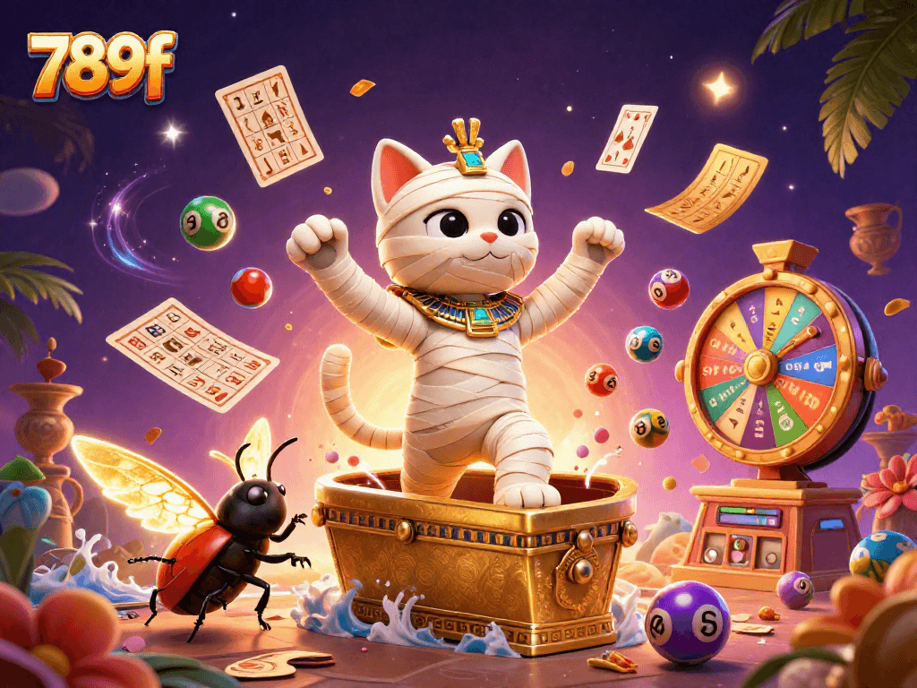 Join the 789f adventure with a mummy cat and scarab in a vibrant casino scene!