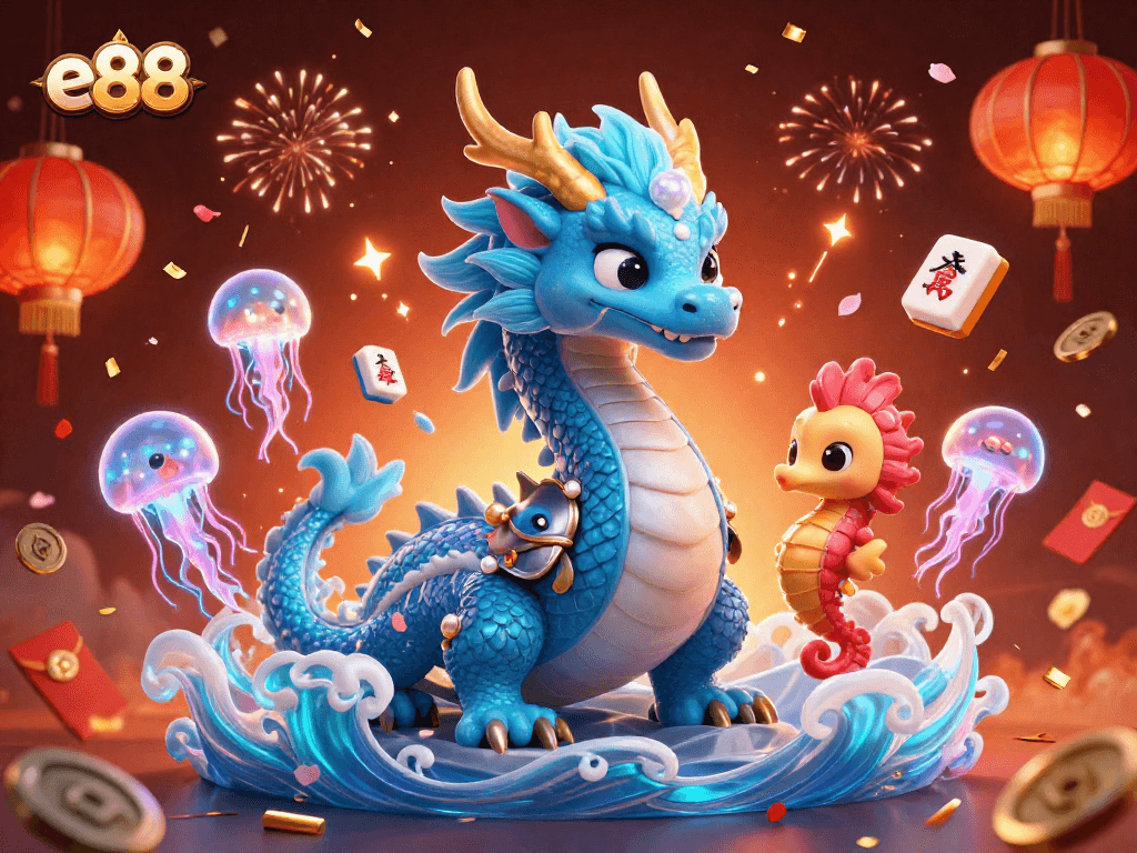 Celebrate wins at e88 with vibrant 3D casino illustration featuring a dragon and lucky symbols.