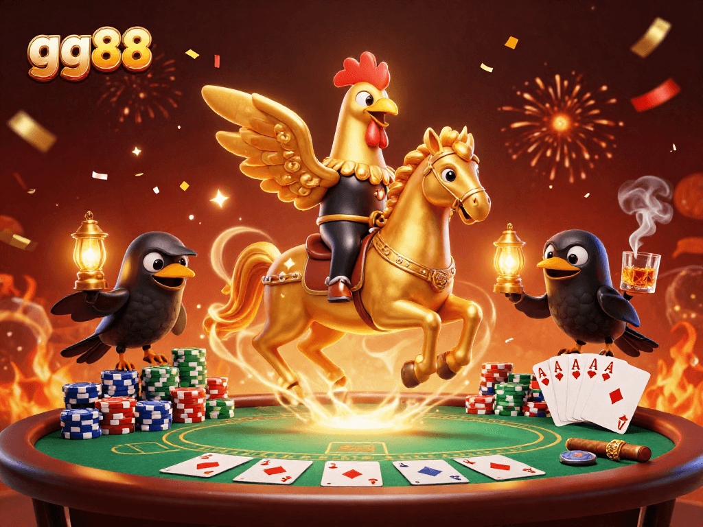 Experience thrilling gameplay with gg88 as a golden rooster leads the way in a vibrant casino illustration.