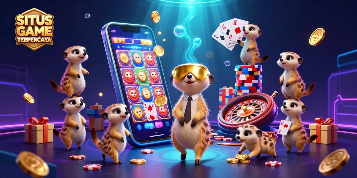 SITUS GAME TERPERCAYA showcases meerkats running a vibrant casino operation with dynamic elements visually engaging players.