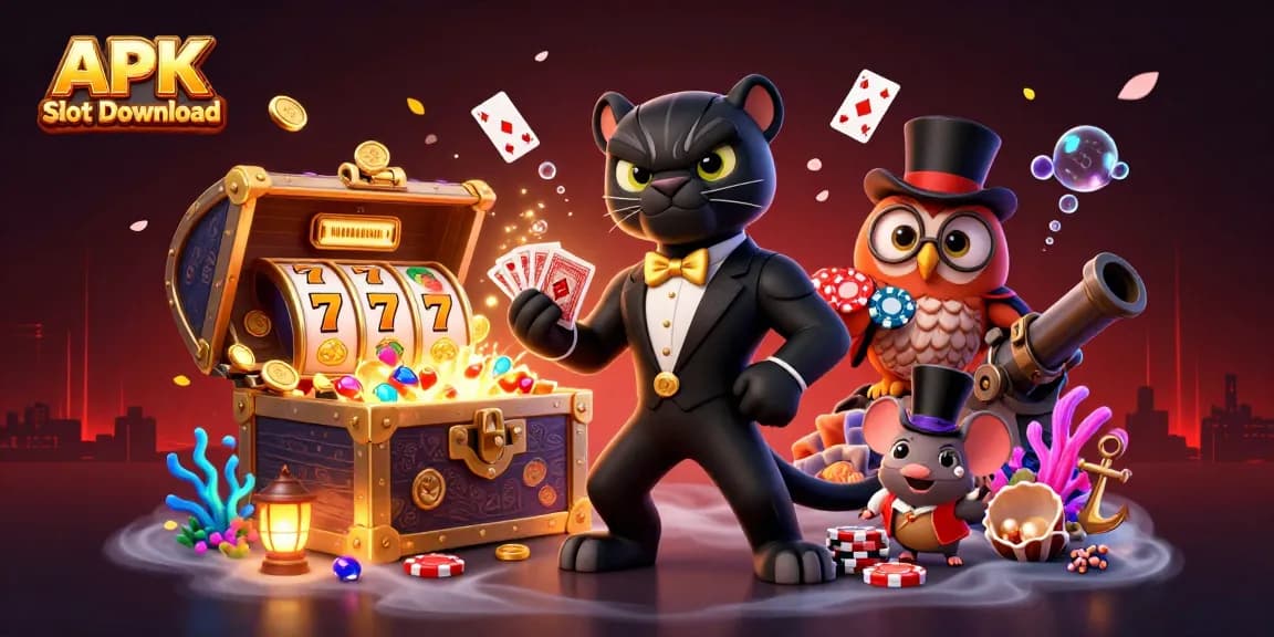 Engage in APK Slot Download action with stylish characters in a vibrant casino scene.