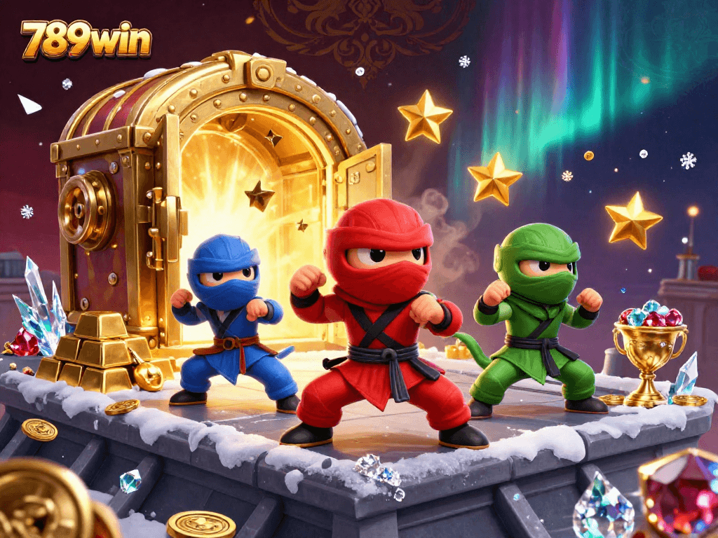 Experience thrilling 789win gaming adventure with ninja chameleons amidst treasures in a vibrant 3D setting.