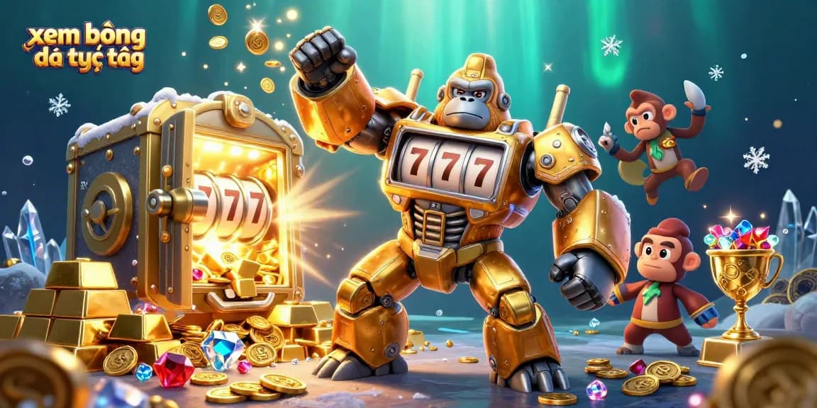 xem bóng đá trực tiếp showcases a thrilling digital illustration of a golden gorilla mech amidst treasures, perfect for gaming enthusiasts.