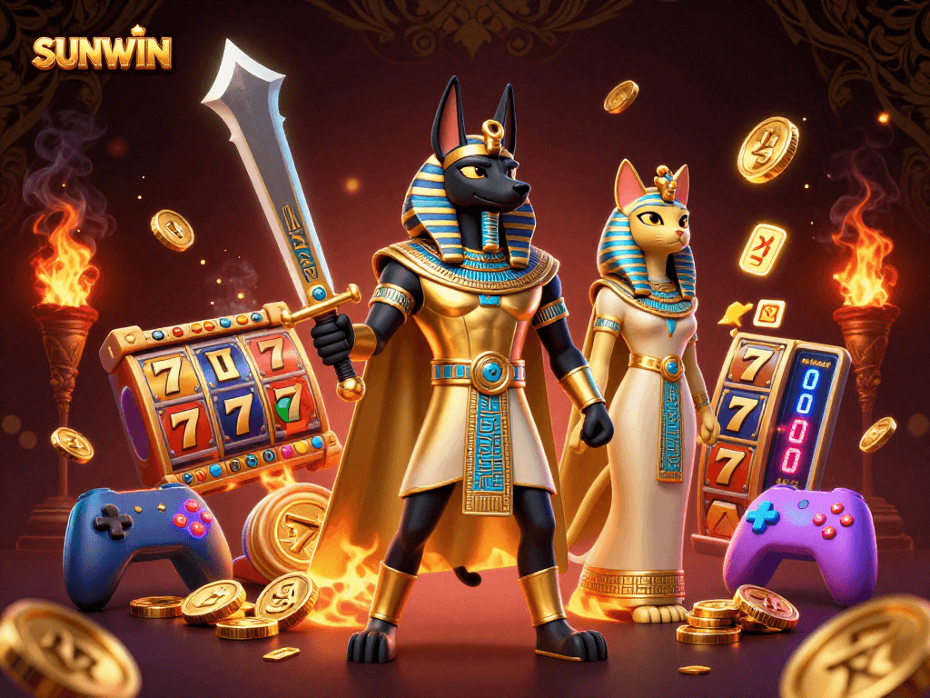 SUNWIN offers a vibrant gaming experience with ancient Egyptian characters amidst glowing casino elements.