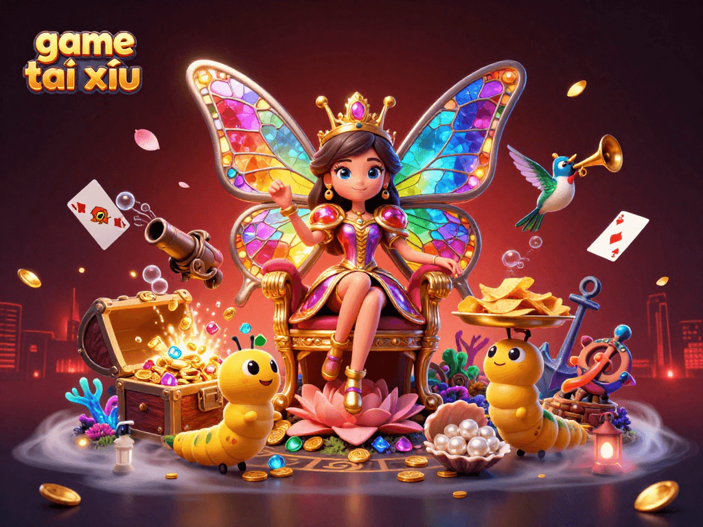 Engage in game tài xỉu with a colorful 3D illustration featuring a butterfly queen, gold coins, and vibrant casino elements.