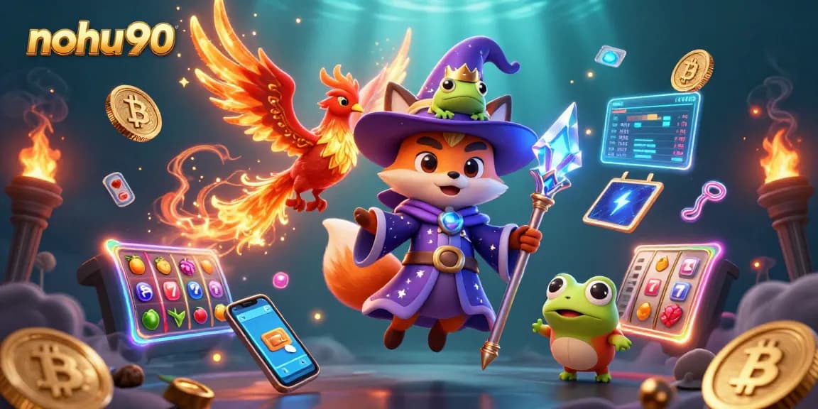 Engage in thrilling slot adventures with nohu90 featuring a wizard fox, phoenix, and vibrant symbols.