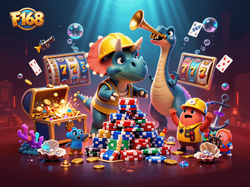 Join the excitement at F168 with a celebratory scene of 3D characters and casino elements.
