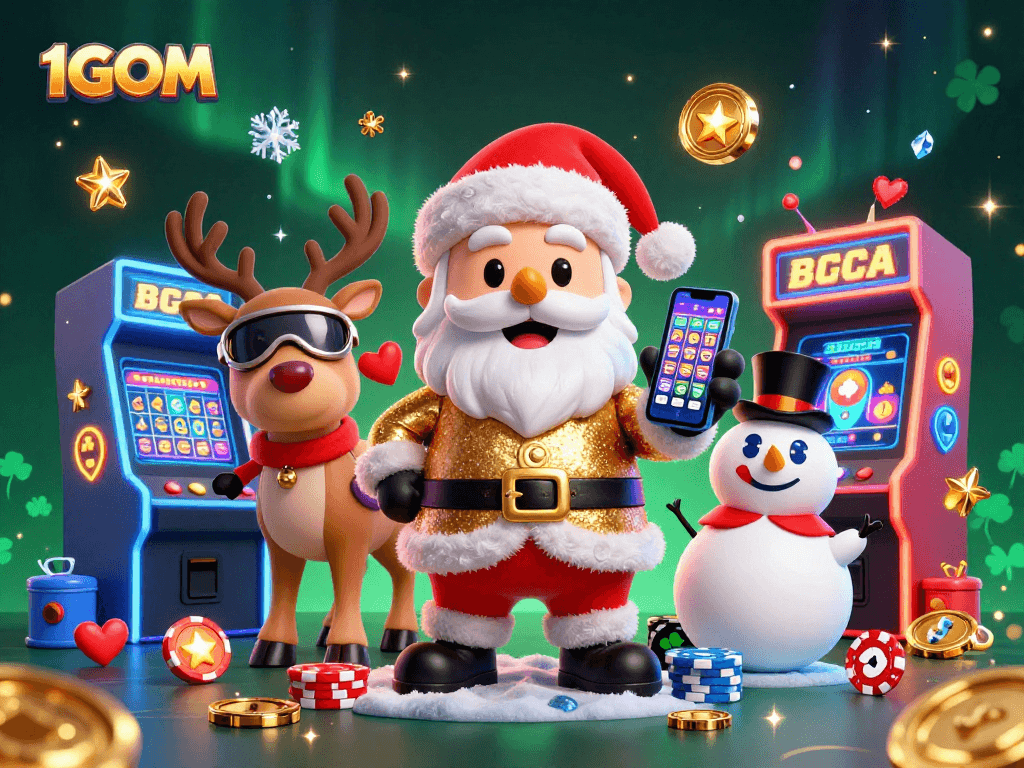 Play jackpot slots at 1GOM with a friendly Santa and festive characters in a dynamic casino scene.