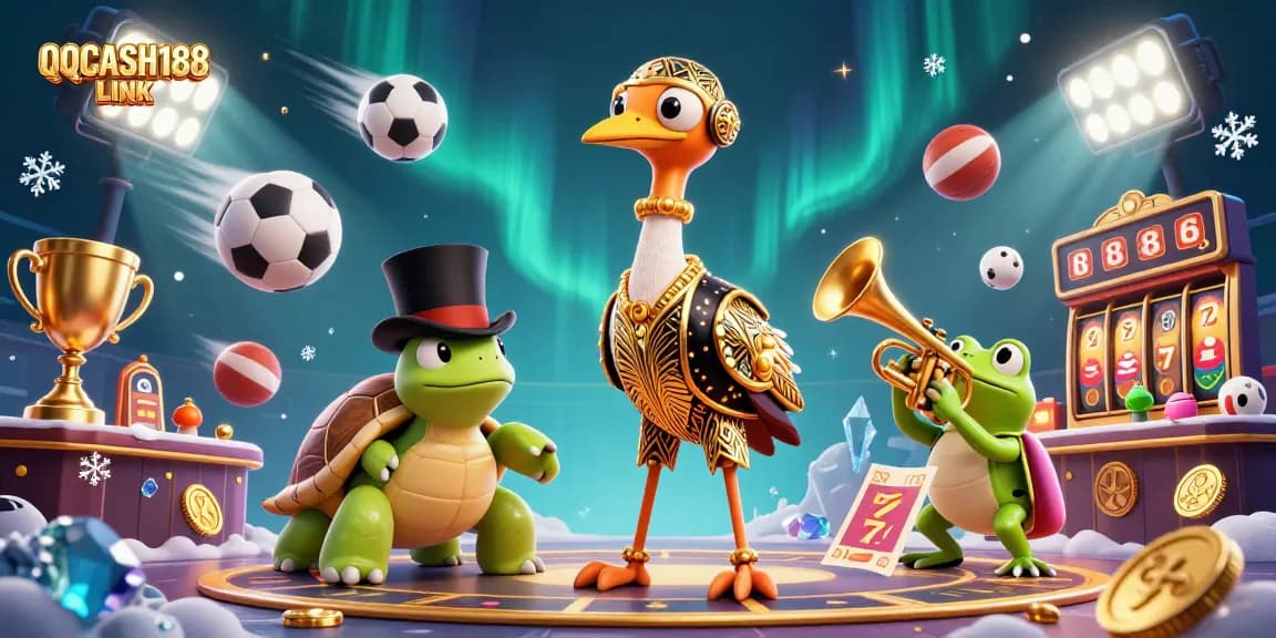 Engage with QQCASH188 LINK in a vibrant 3D scene featuring lively casino characters and dynamic game elements.