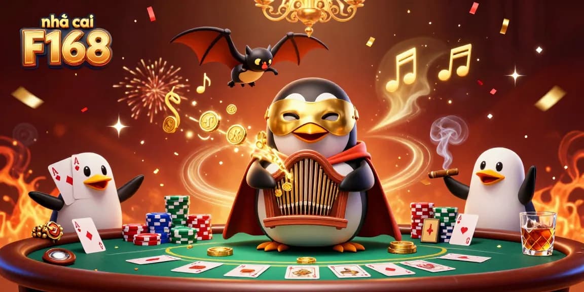 Bets on nhà cái F168 as the penguin plays a golden pipe organ, surrounded by poker elements and celebration.