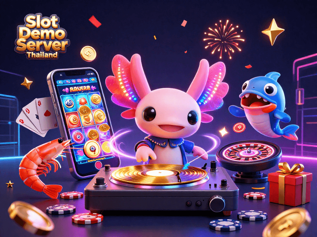 Experience vivid slot gaming dynamics with Slot Demo Server Thailand's vibrant 3D casino scene featuring a neon axolotl DJ.