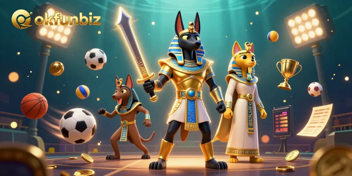 Experience thrilling gameplay at okfunbiz with Anubis and Bastet surrounded by dynamic sports betting elements.