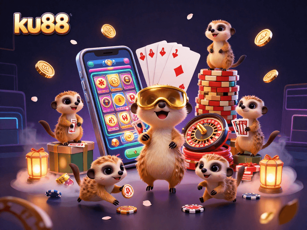 ku88 casino meerkats run vivid gaming scene with slots, cards, and colorful elements.