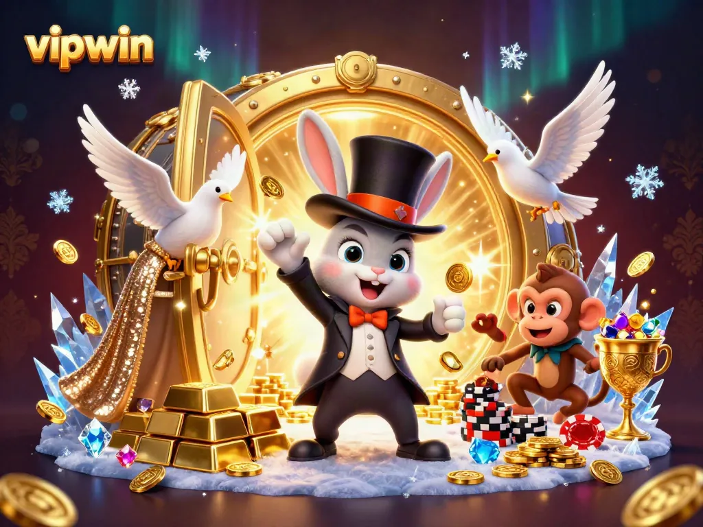 Experience the magic of vipwin as a magician rabbit pulls coins while surrounded by casino treasures.