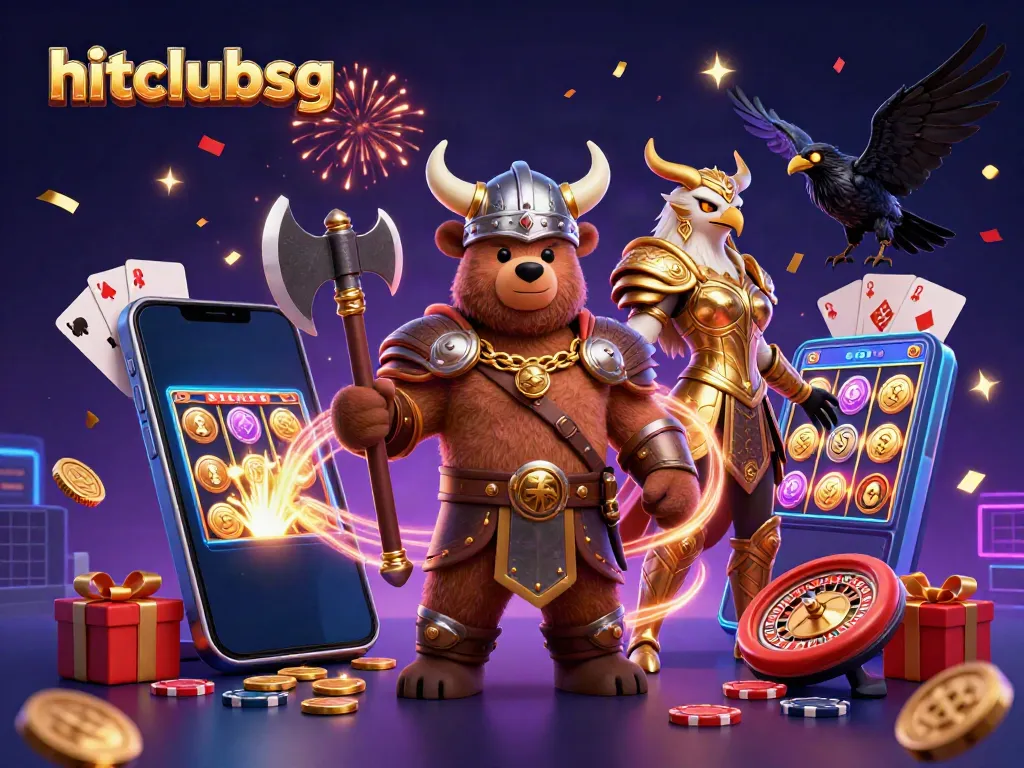 Engage in exciting casino gameplay with hitclubsg at an electrifying illustrated scene of vibrant game elements.