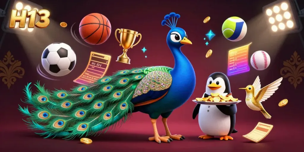 Engage with exciting games and sports at H13, where vibrant characters, gold coins, and trophies create an exhilarating casino atmosphere.