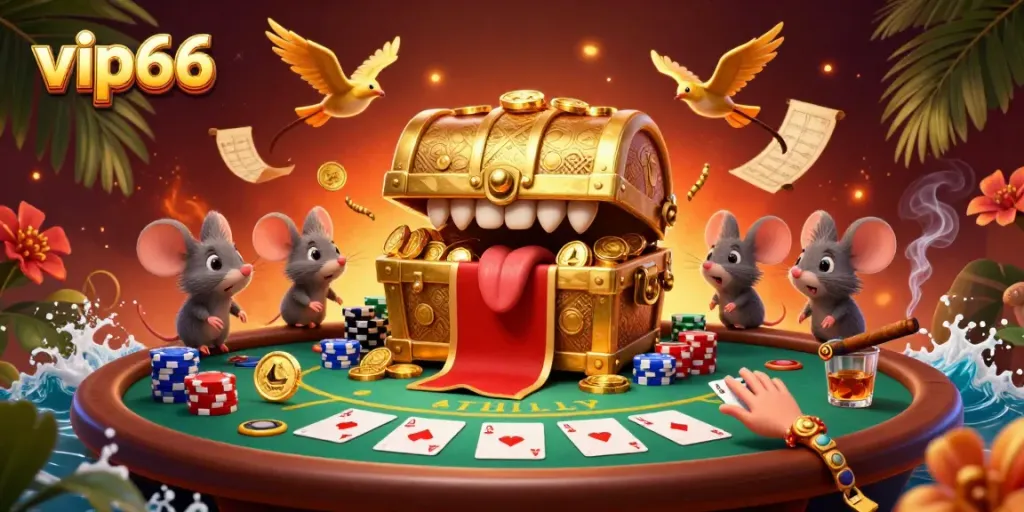 Engaging scene of vip66 casino adventure featuring a treasure chest and poker elements.