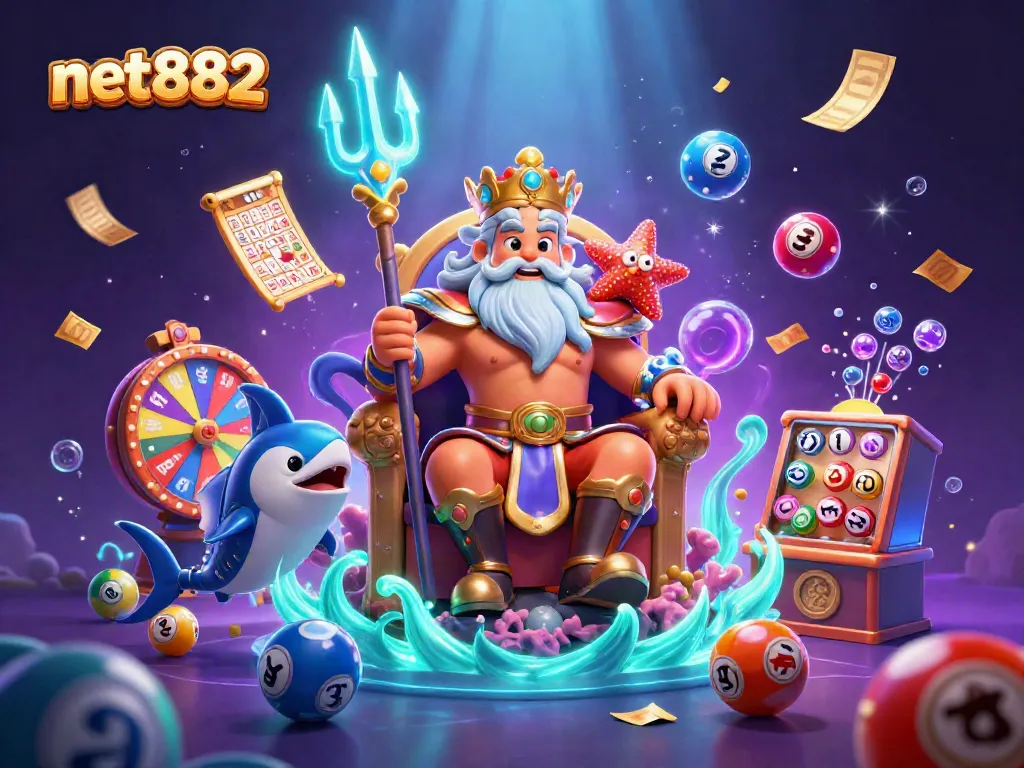 Experience the excitement of net882 with a vibrant 3D gaming scene featuring Neptune and dynamic lottery elements.
