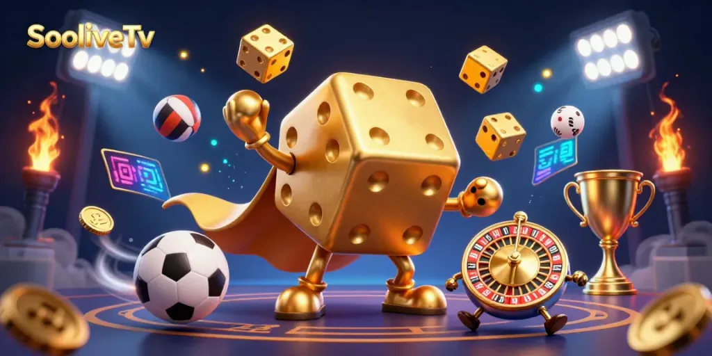 Experience SocoliveTv with vibrant golden dice and dynamic sports elements for a thrilling gambling atmosphere.