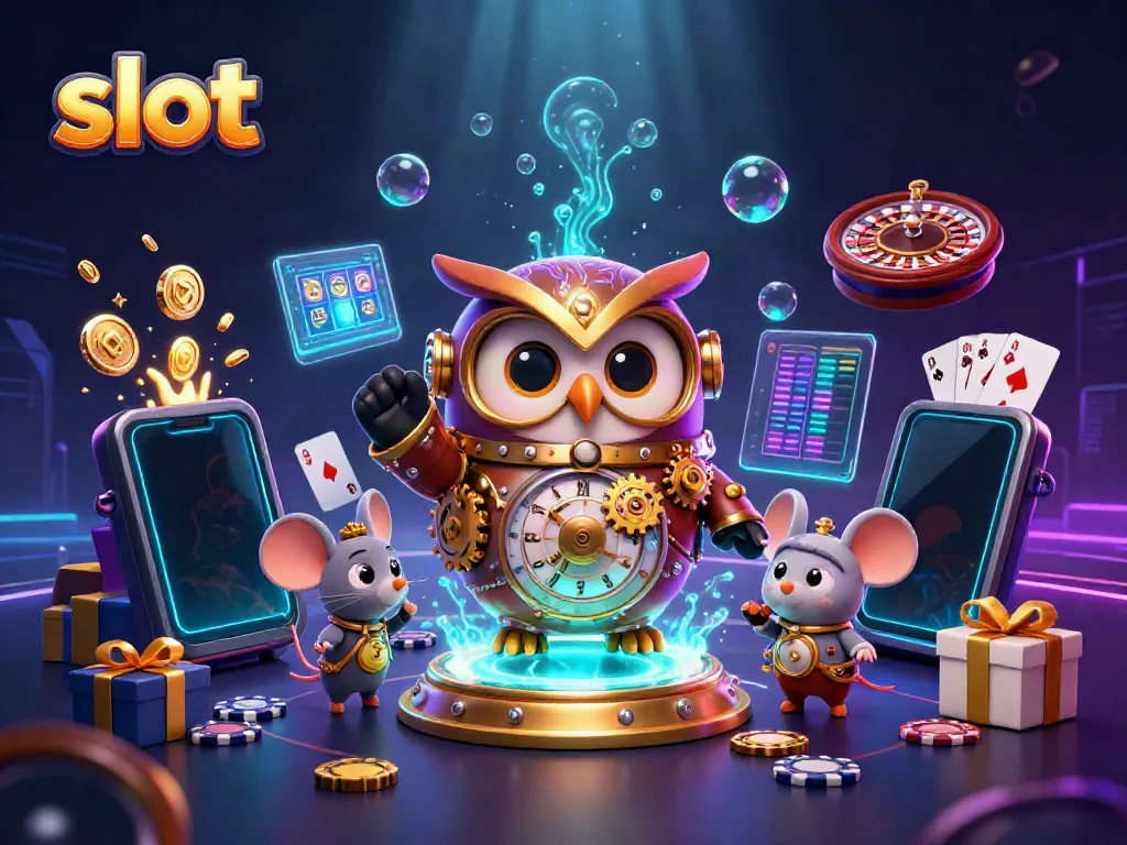 Engage in thrilling slot gameplay with owl and mouse characters in a colorful casino scene.