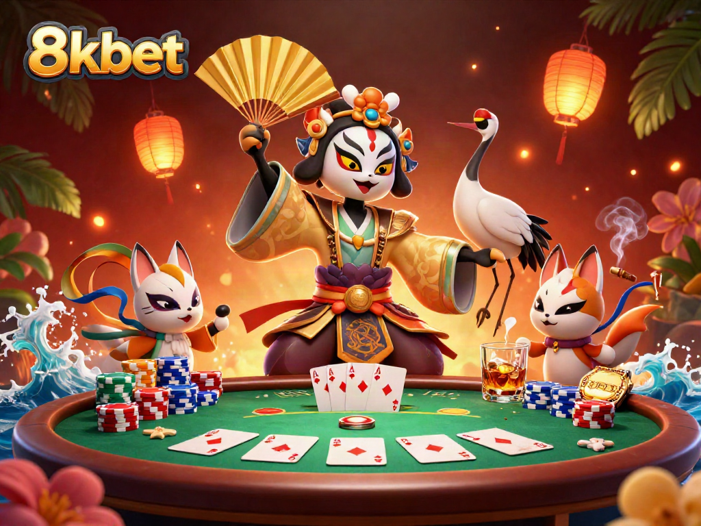 Experience thrilling poker action with the 8xbet kabuki warrior and colorful chips.