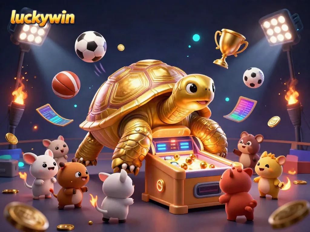 Engage with luckywin, a colorful 3D casino scene featuring a golden tortoise pinball machine surrounded by excited small animals and dynamic sports elements.