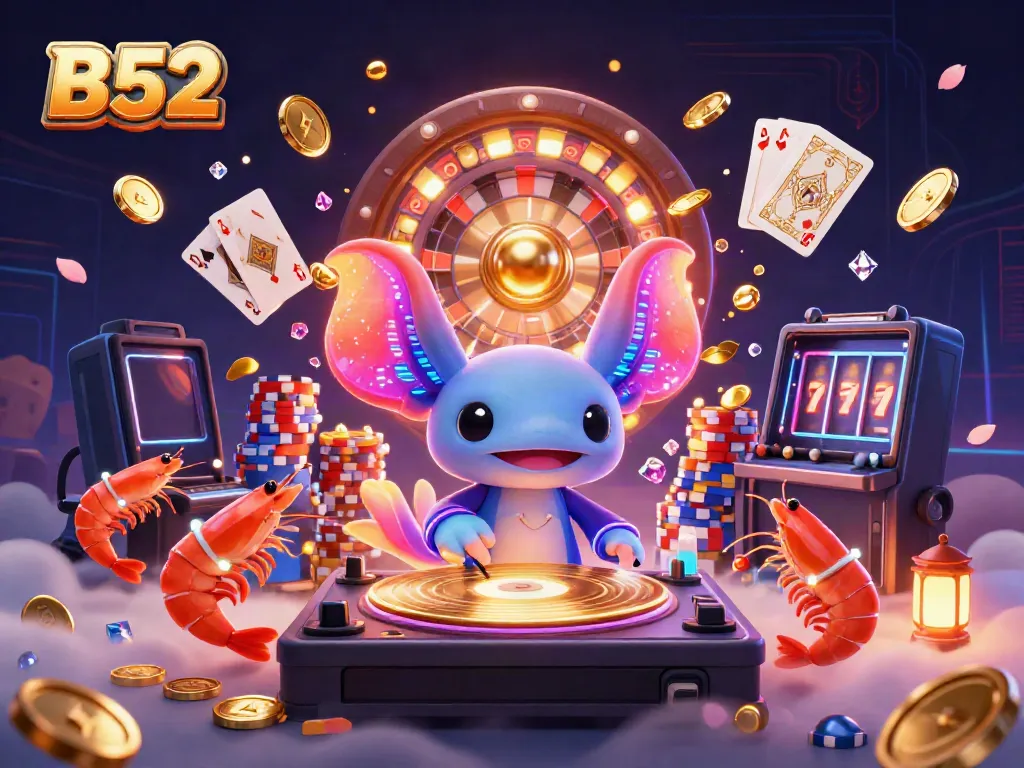 Experience the vibrant world of B52 with a neon-themed 3D casino scene showcasing an axolotl DJ and energetic sea creatures amidst casino elements.