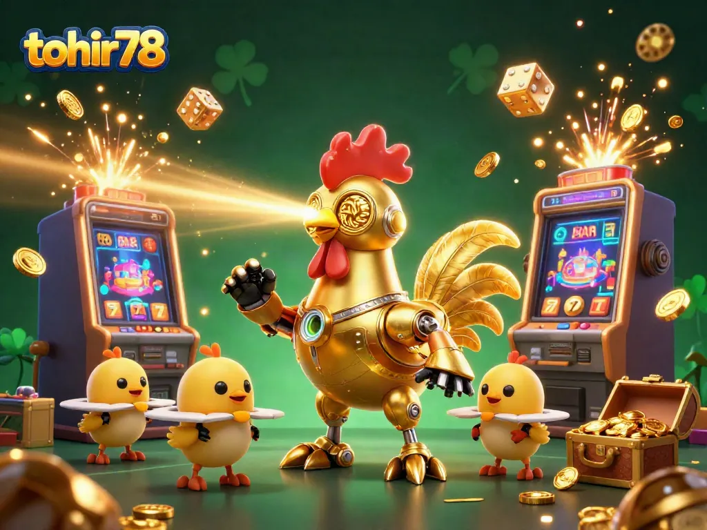 Engage with the thrilling world of tohir78 as a golden rooster robot leads baby chick drones in dynamic casino gaming.