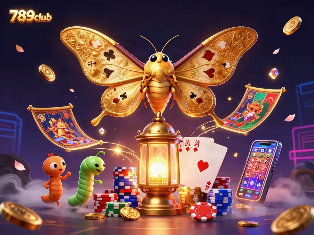 Engage in thrilling gameplay with 789club's vibrant casino experience featuring a majestic moth and poker elements.