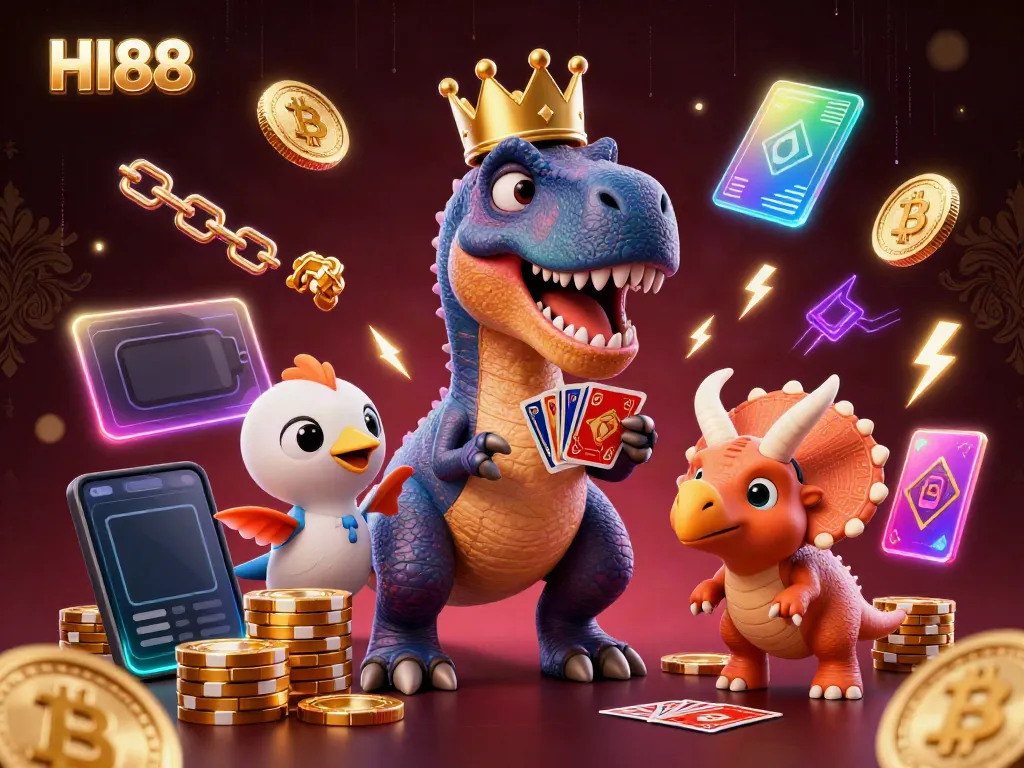 Engage with HI88 in a vibrant scene featuring a T-Rex shuffling cards, a pterodactyl assistant, and a triceratops stacking chips.