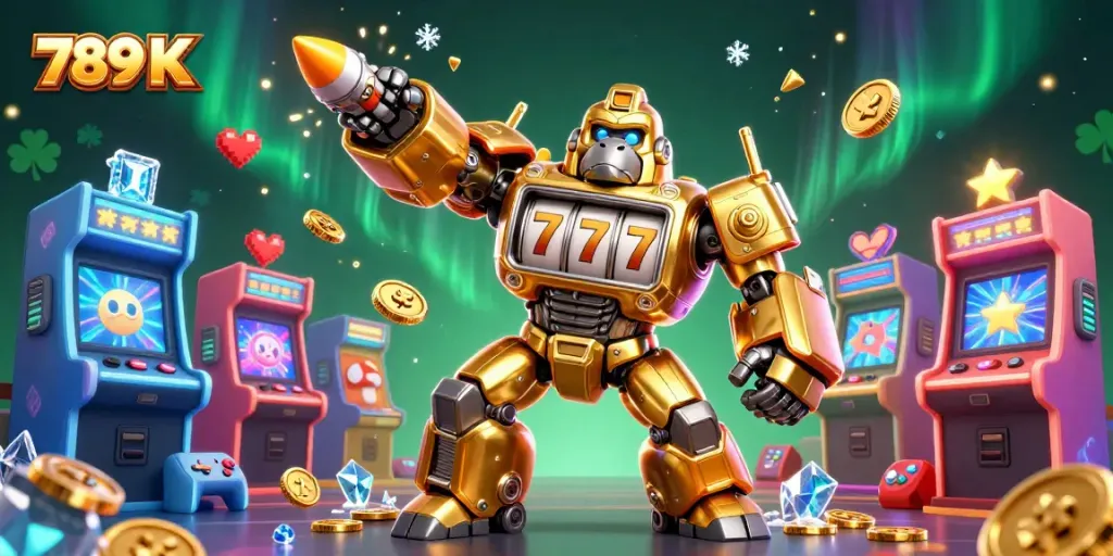 Experience dynamic gambling action with 789 K's vibrant casino-themed illustration featuring a golden mech and arcade elements.